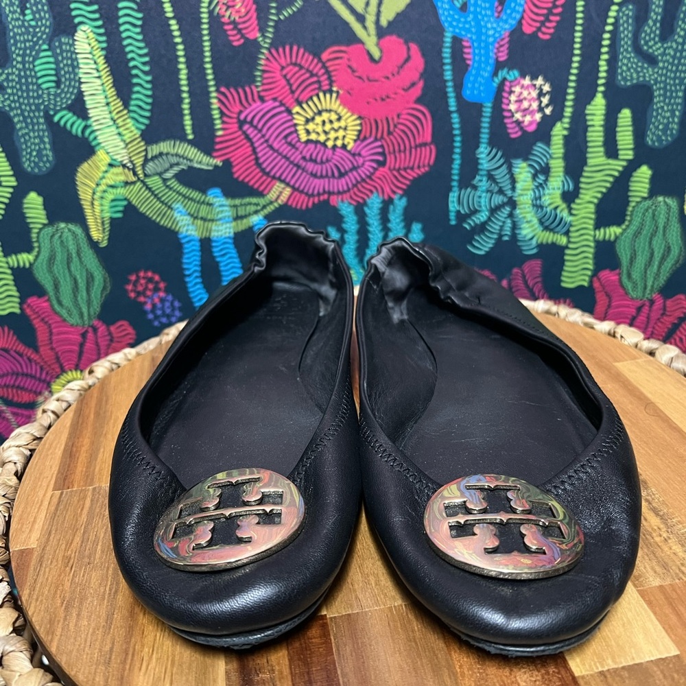 Tory Burch Black Ballet Flats with Gold Logo